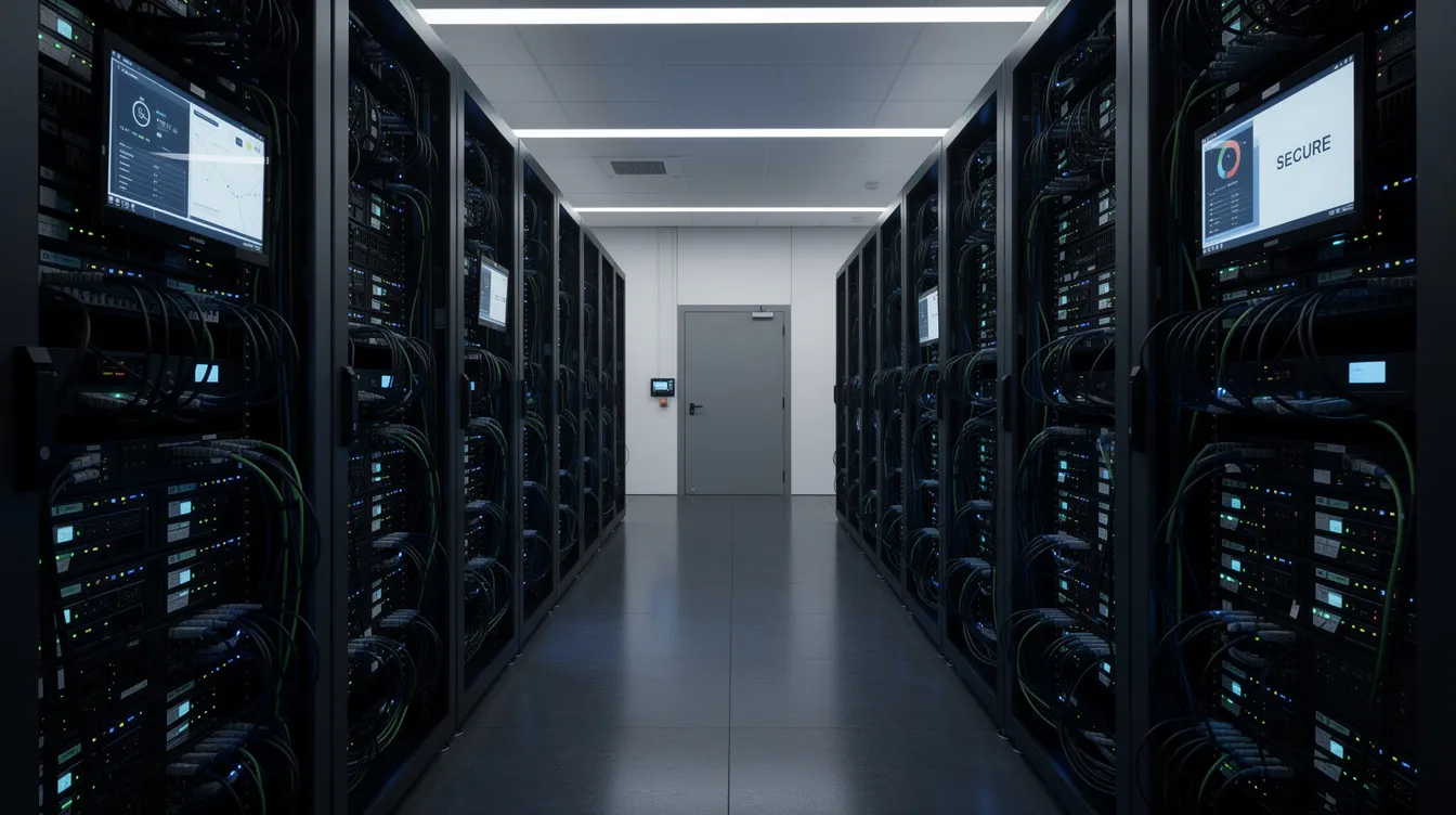 The image depicts a secure server room filled with rows of high-tech equipment, illuminated by subtle blue lighting that conveys a sense of enterprise infrastructure. This environment reflects the backbone of modern technology, where AI coding tools and code generation systems operate to enhance code quality and provide real-time code suggestions.