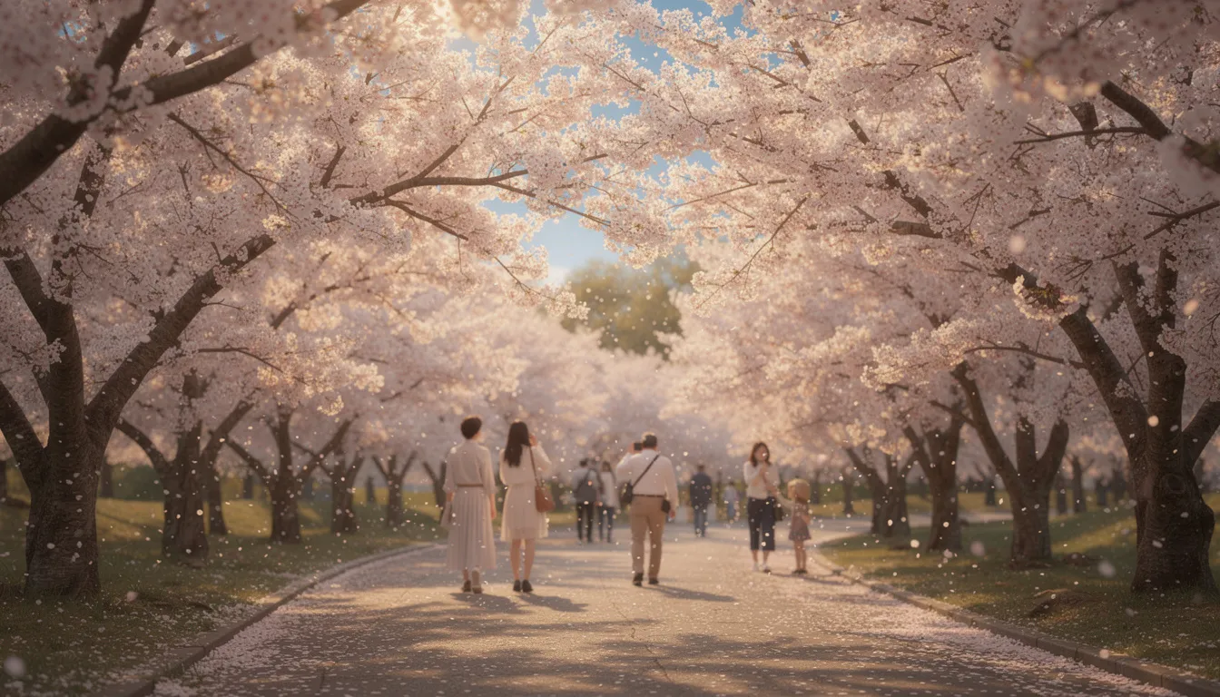 A picturesque scene of cherry blossom trees in full bloom lines a pathway, with visitors strolling underneath the delicate pink petals, embodying the natural beauty of South Korea during springtime. This enchanting view captures the essence of a walking tour through the vibrant landscape, inviting travelers to experience the rich Korean culture and breathtaking landscapes.