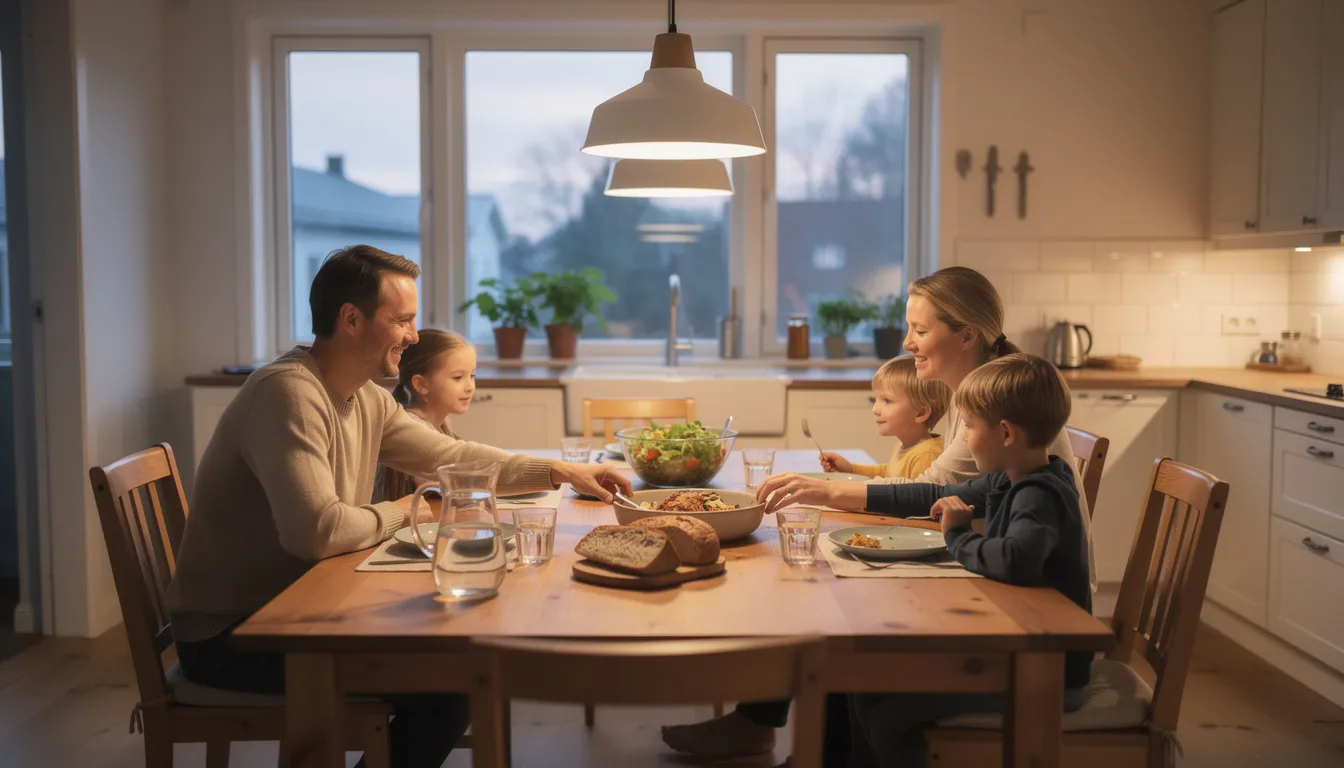 En familj sitter tillsammans runt ett stort matbord i massivt trä i ett ljust kök, där de njuter av en middag. Bordet erbjuder gott om plats för många personer och skapar en gemytlig atmosfär i hemmet.