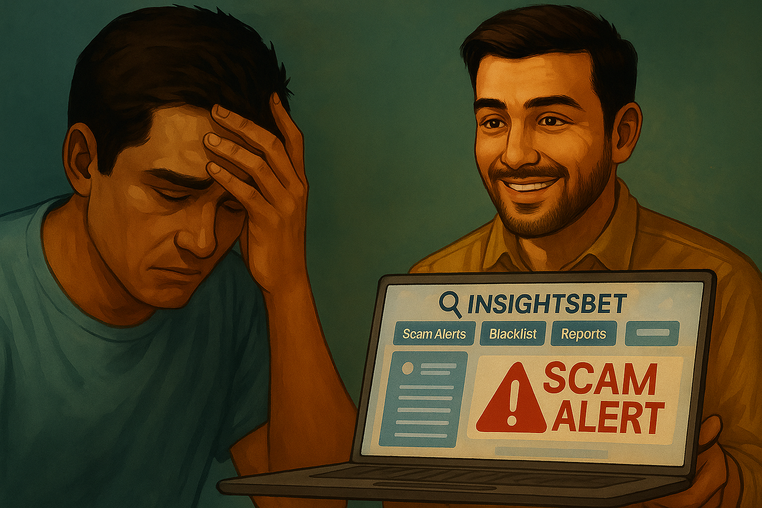 A semi-realistic digital illustration showing two Malaysian men sitting at a table, one explaining a scam report on a laptop screen to the other who looks visibly frustrated after losing money, symbolizing a lesson learned from using InsightsBet.