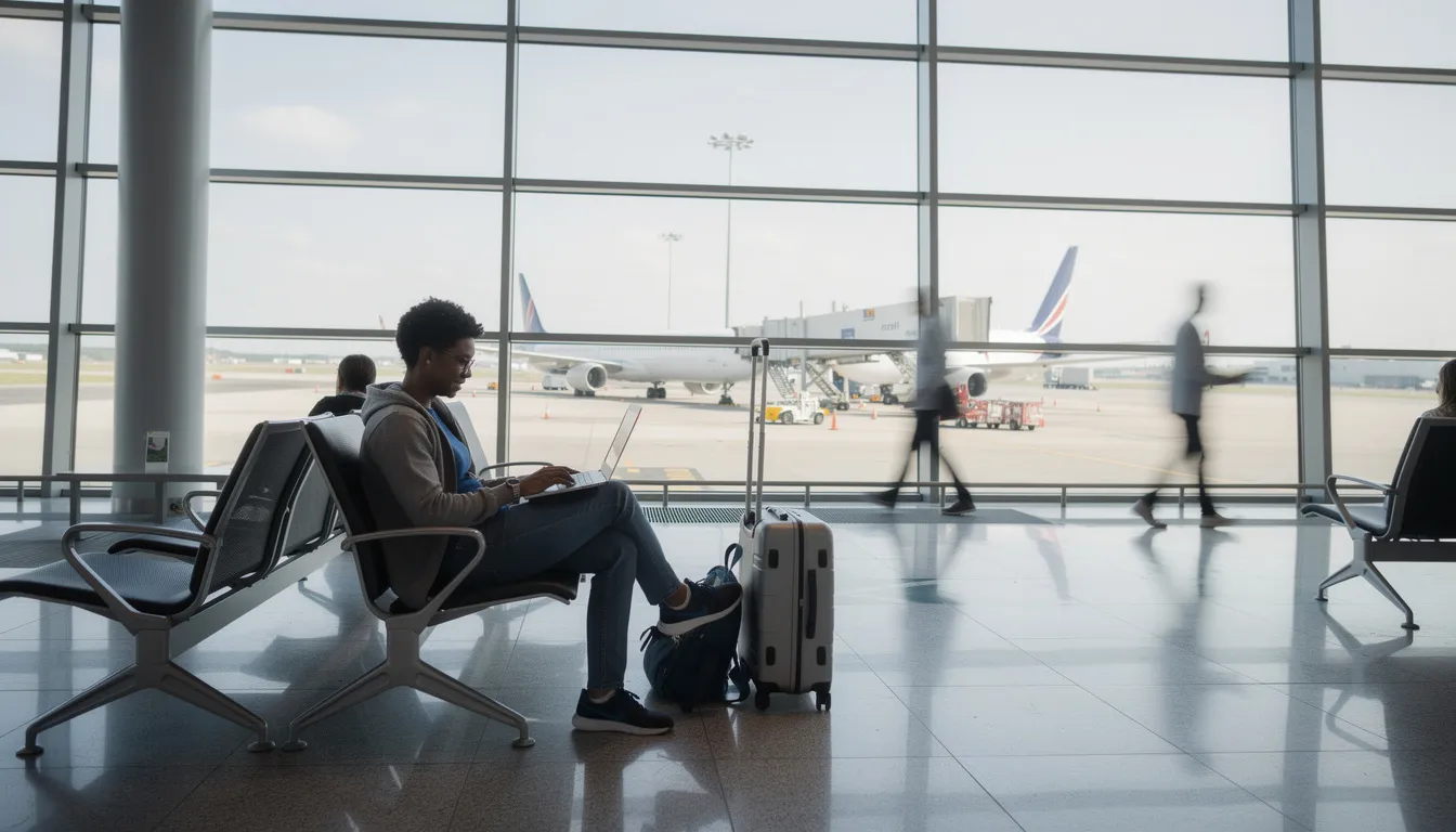 A person is seated at a modern airport terminal, working intently on a laptop, with large windows revealing planes outside. The scene reflects a blend of travel and productivity, highlighting the integration of AI tools in marketing strategies as the individual engages with customer data and marketing campaigns.