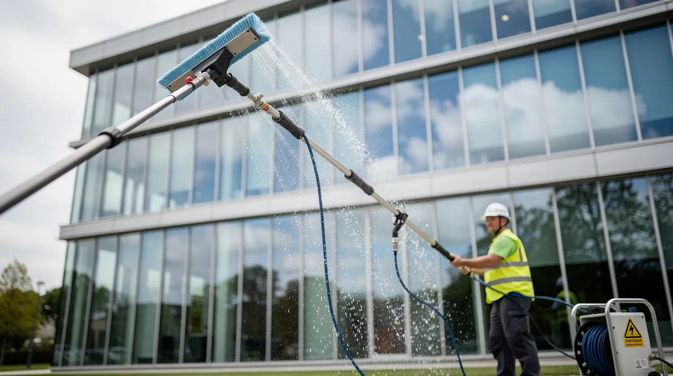 The image depicts commercial window cleaning equipment set against a modern low-rise office building, showcasing the tools used by cleaning professionals to maintain a clean and healthy environment. The scene emphasizes the importance of eco-friendly cleaning services that contribute to air quality and community well-being.
