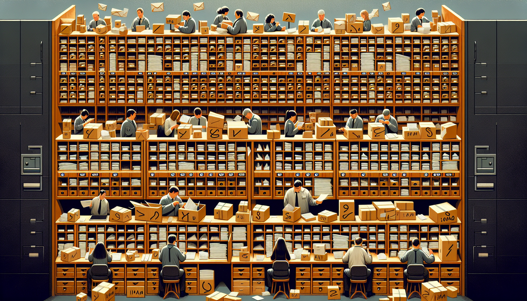 Mail sorting station with various compartments and shelves