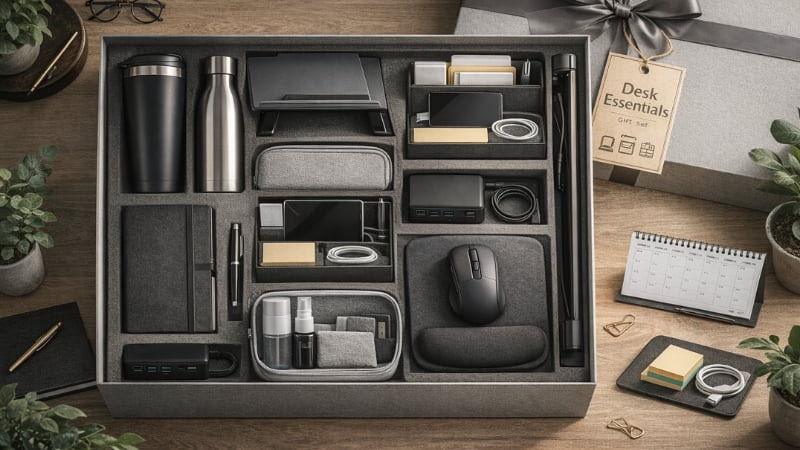 Desk essentials gift box with branded office tools, tech accessories and planner packaging