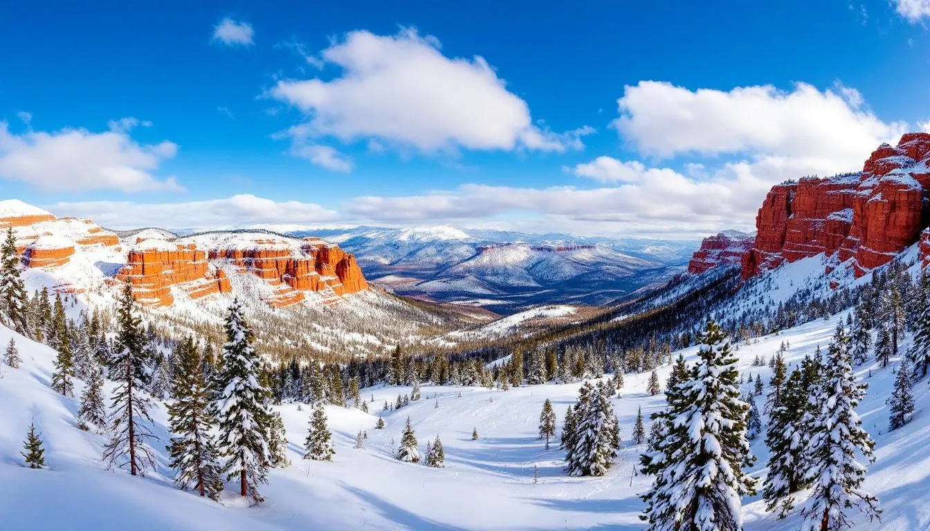 The image showcases a stunning panoramic view of the slopes at Brian Head Resort, with the vibrant red rock canyons of southern Utah visible in the distance. This picturesque scene highlights the skiable terrain and the beautiful mountainous landscape, making it an ideal destination for skiers and outdoor enthusiasts.