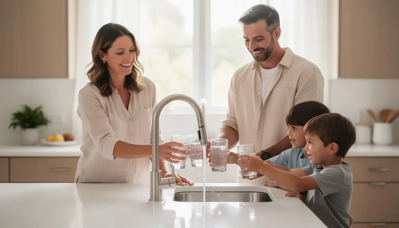 A family is happily filling glasses with clear, filtered water from a dedicated tap in their bright kitchen, showcasing the benefits of a water filtration system for better water quality. This scene highlights the importance of safe drinking water solutions for homes, ensuring the family enjoys pure water free from harmful contaminants.