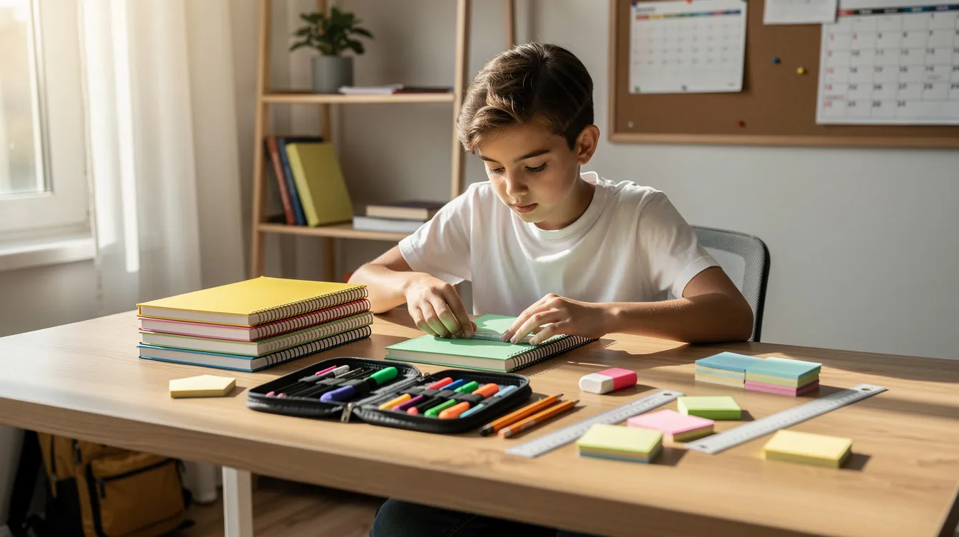 A young student is focused on organizing notebooks and various school materials on a desk, creating a positive learning environment that supports their academic success. This scene highlights the importance of essential skills like time management and cognitive development in a child's education.