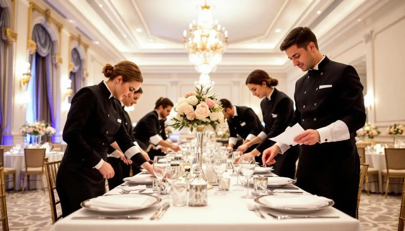 A professional catering team is meticulously arranging an elegant table service for a special event, showcasing exceptional food and attention to detail. The setup includes beautifully presented dishes and a selection of drinks, perfect for corporate events, weddings, and parties in Greater Manchester and Oldham.