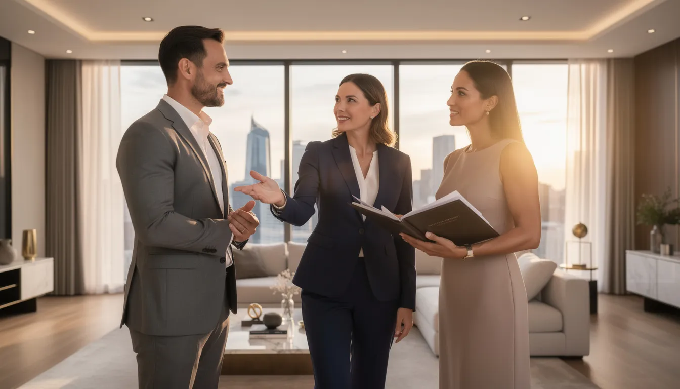 A real estate agent is showcasing a luxury apartment to a couple of potential investors, highlighting the attractive features of the property and discussing investment opportunities in Miami's high-demand market. The setting reflects the vibrant atmosphere of South Florida, emphasizing the benefits of real estate investment in a city known for its strategic location and property appreciation.