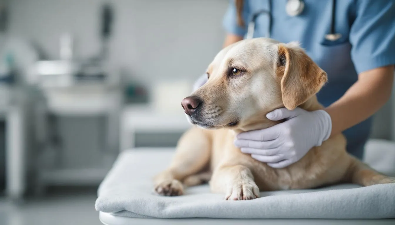 A calm dog is shown in side view during a veterinary examination, with the veterinarian gently feeling for swollen lymph nodes in the neck area, an important part of assessing the dog