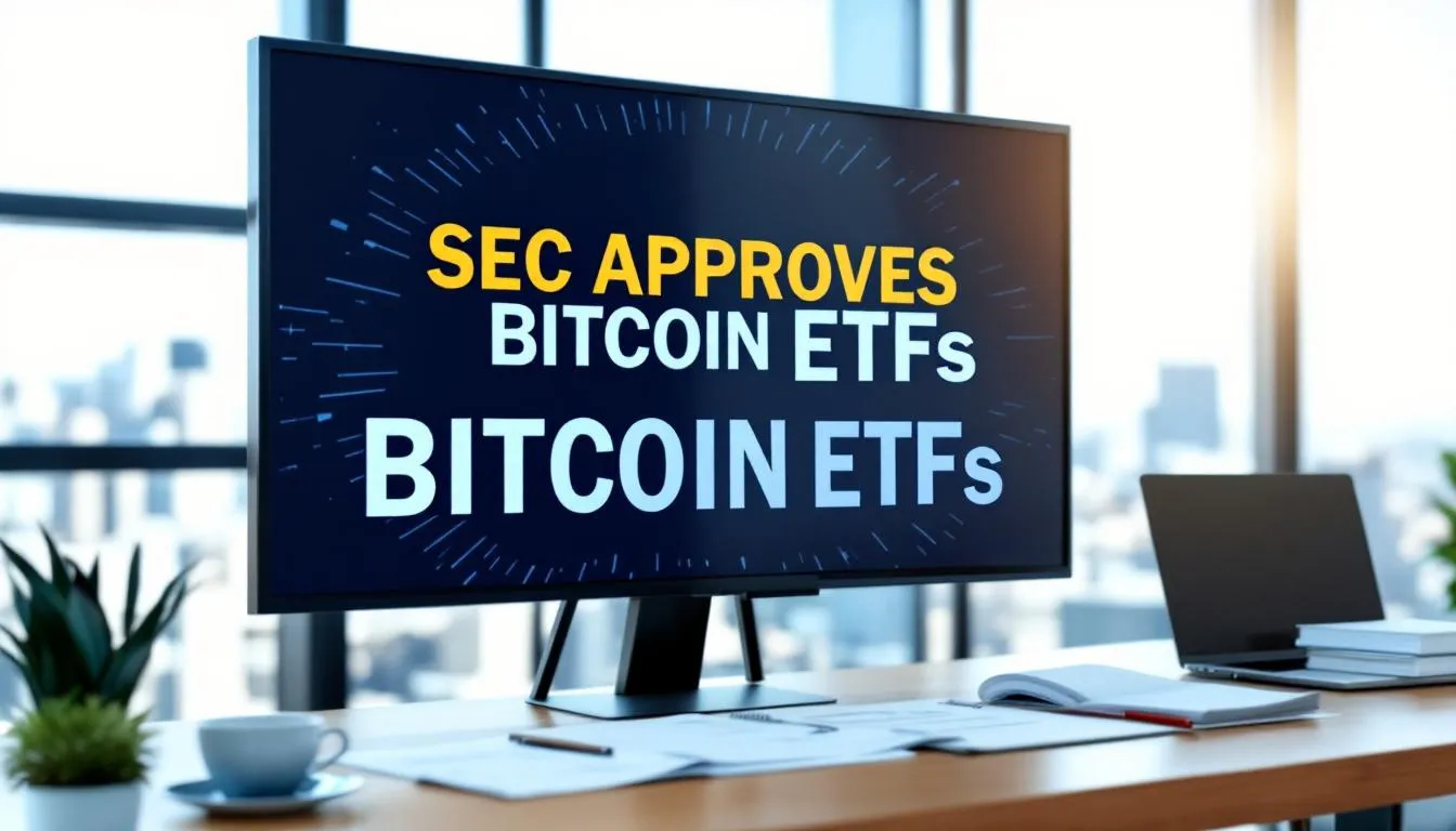 The image depicts a financial market scene celebrating the SEC’s approval of multiple Bitcoin ETFs, highlighting a shift in regulatory stance toward cryptocurrency. It emphasizes the growing acceptance of digital assets among institutional investors and retail traders, as new frameworks enhance compliance and transparency in the crypto market.