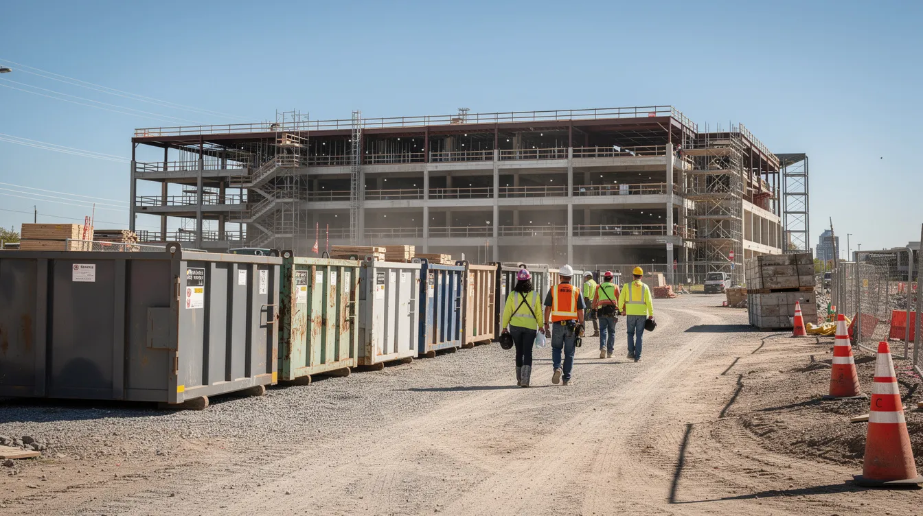 The image shows a row of organized roll-off containers at a commercial construction site, with workers in hard hats walking nearby. These containers are designated for the disposal of construction and demolition waste, helping to manage the construction debris generated during the project.