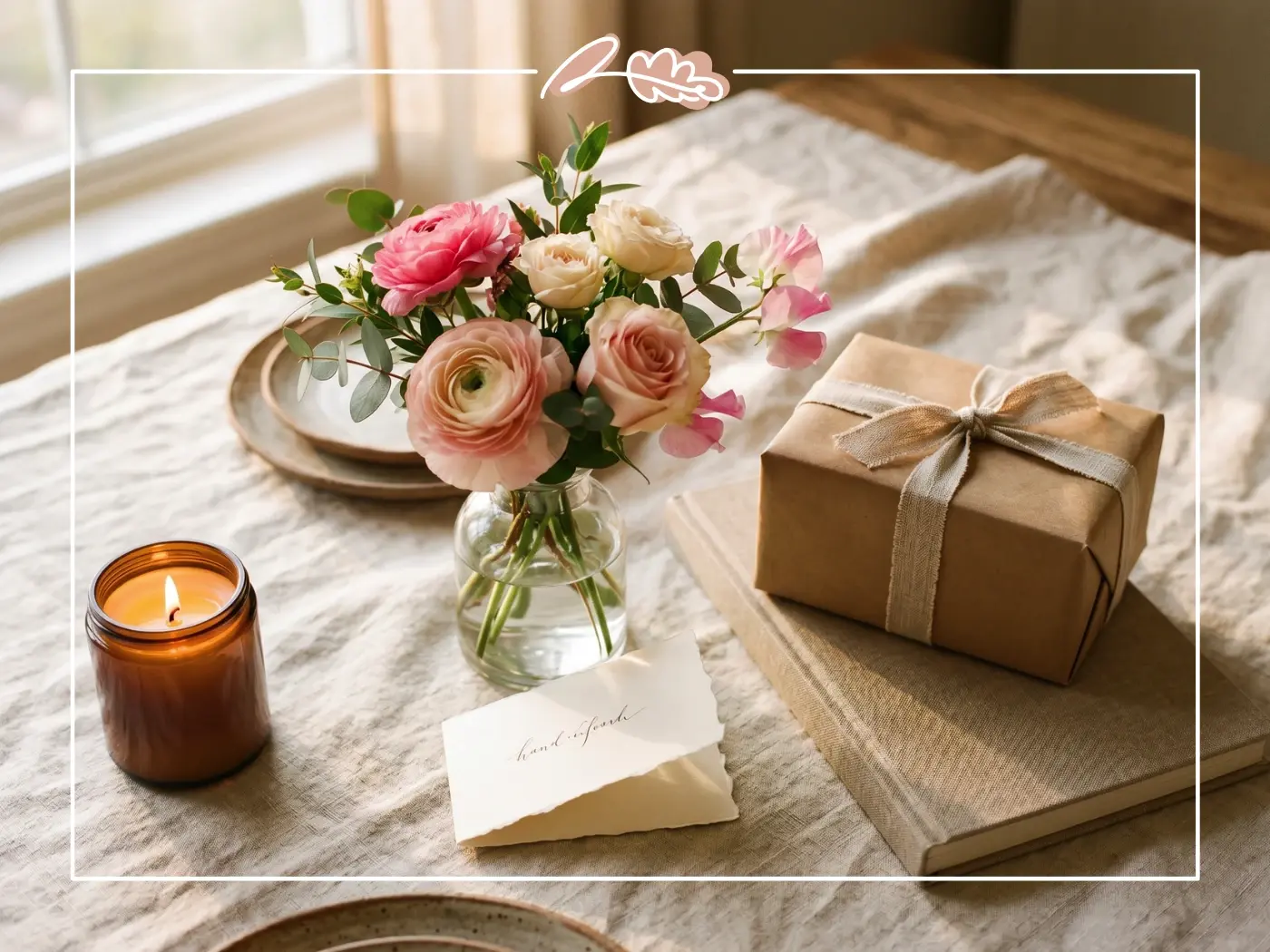 4 gift rule birthday tablescape with bouquet candle wrapped gift book and card from Fabulous Flowers Cape Town