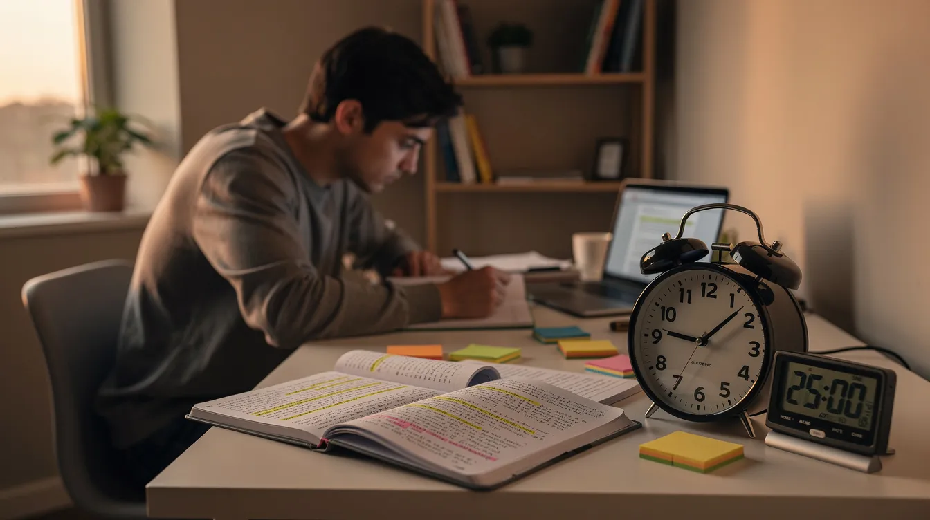 A person is sitting at a desk, surrounded by study notes and a timer, focused on preparing for their CELPIP speaking test. The scene reflects a well-organized study environment, emphasizing the importance of developing healthier habits for success in everyday situations, such as job interviews.