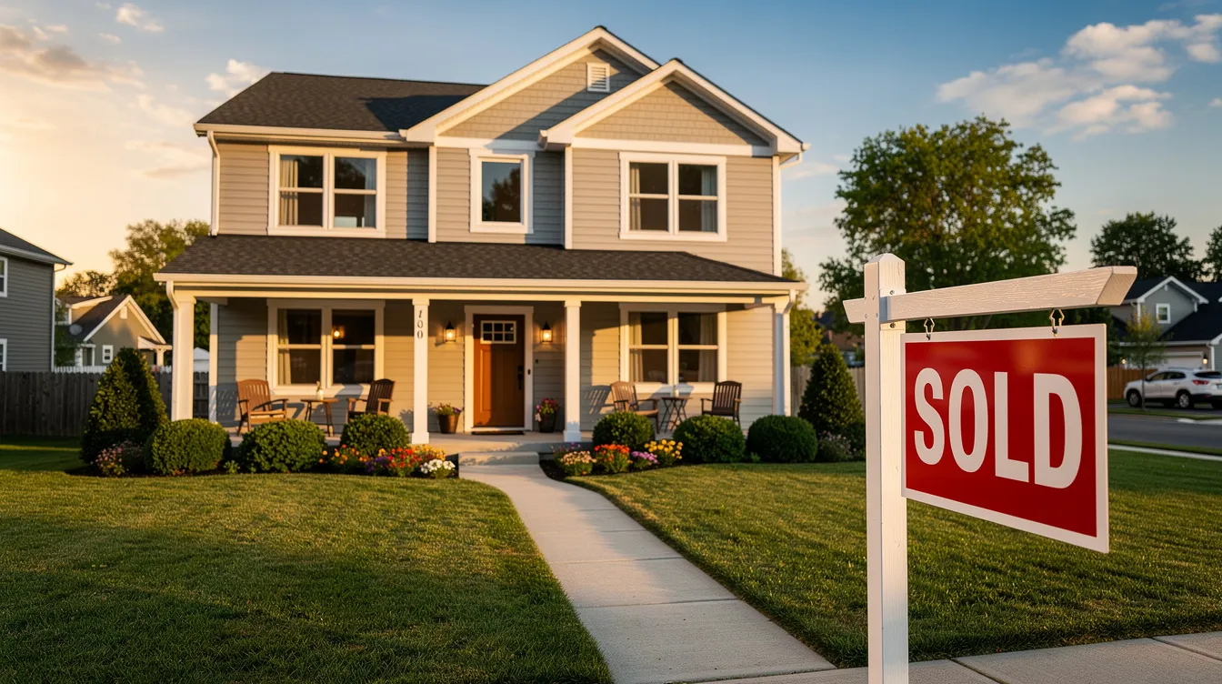 The image depicts a charming single-family home surrounded by a well-maintained front yard, featuring a prominent "sold" sign, indicating a successful transaction that could benefit local businesses and contribute to community development. This scene reflects the positive impact of investment capital and financing options available for small business owners in the area.