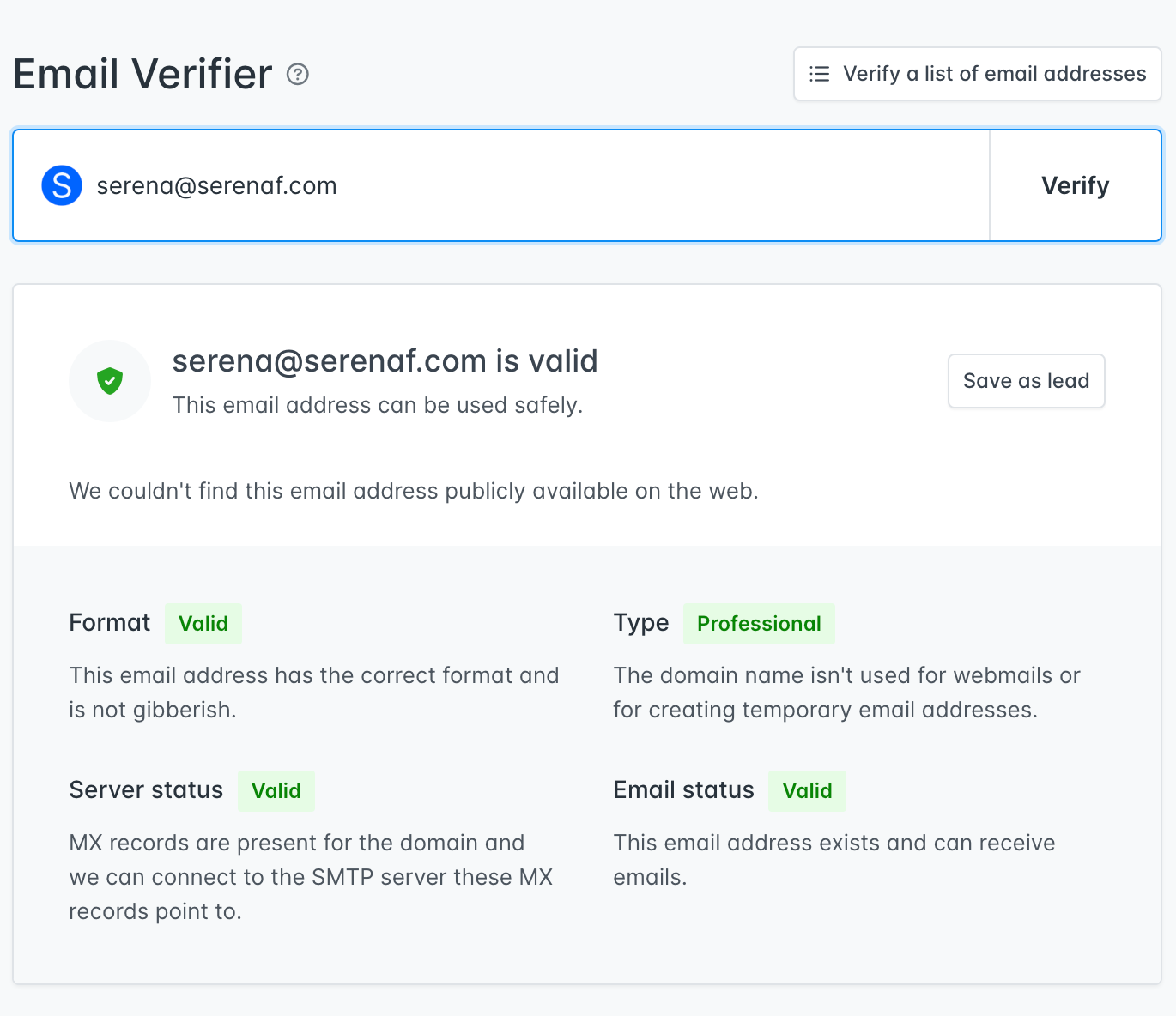 Hunter.io email verifier example