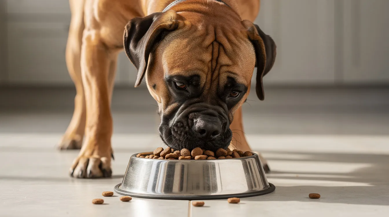 A South African Boerboel dog is happily eating high-quality kibble from a sturdy dog bowl, showcasing its large size and muscular build typical of the Boerboel breed. Its reddish-brown coat gleams in the light, reflecting the care and attention given by its loving pet parents.