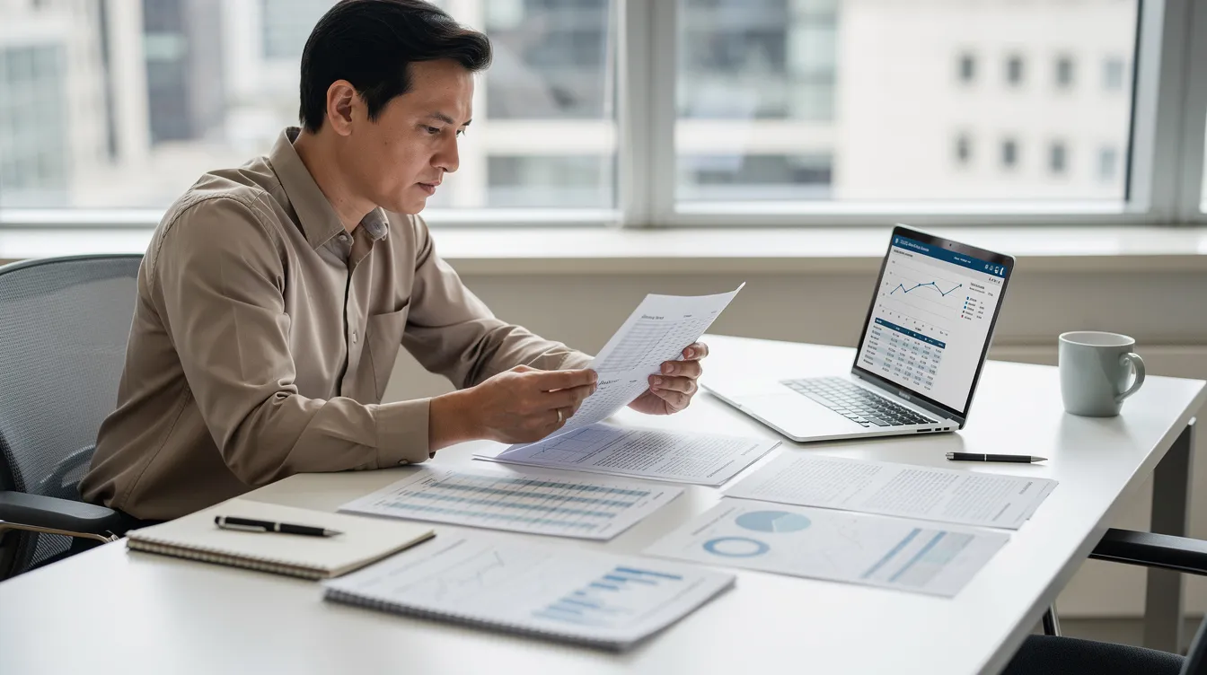 A person is seated at a desk, intently reviewing paperwork and financial documents, while a laptop is open in front of them. This scene suggests a focus on financial strategy, possibly involving home equity financing or evaluating options for real estate investing.