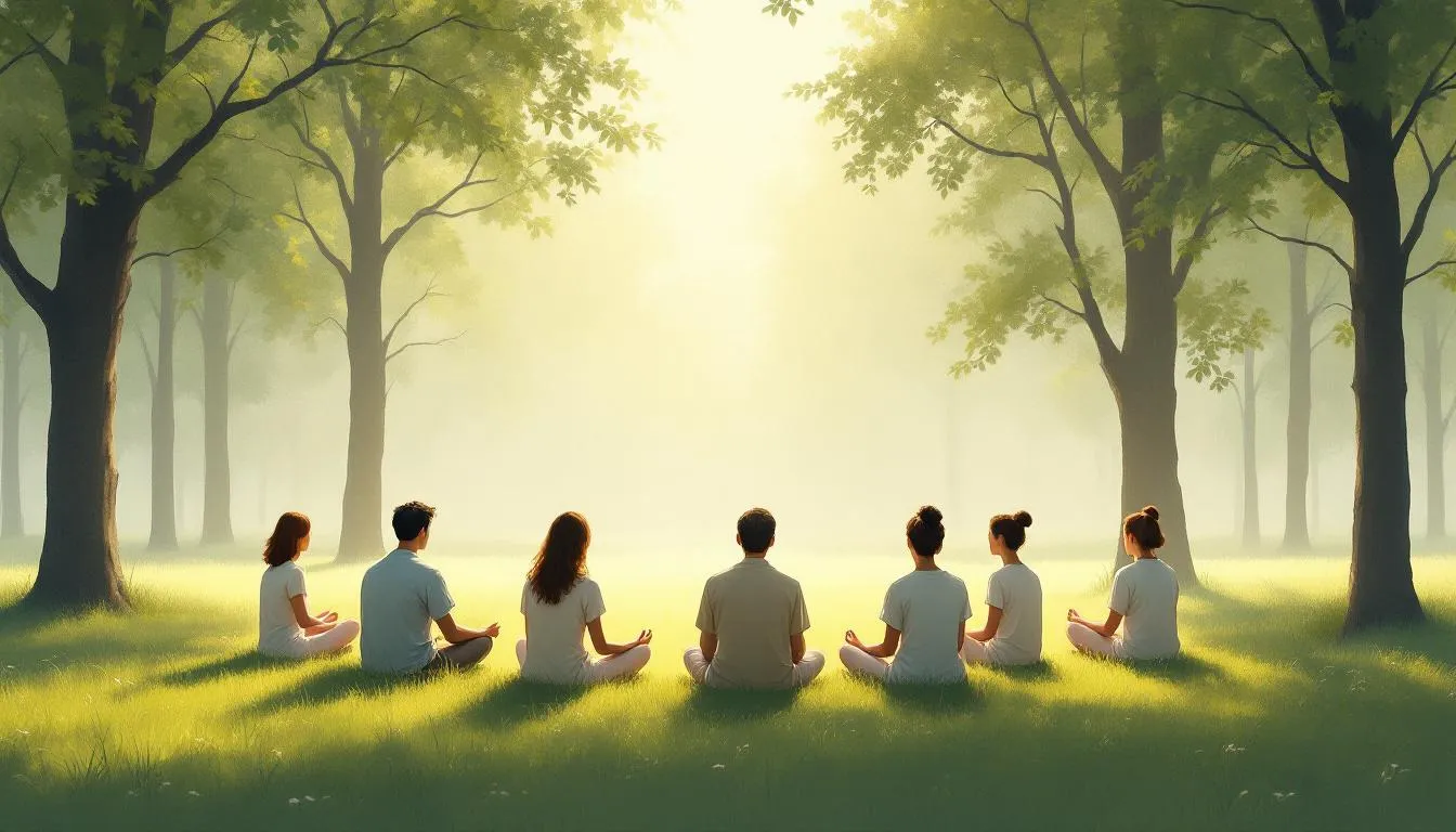A group of individuals participating in a wellness retreat, focusing on emotional healing.