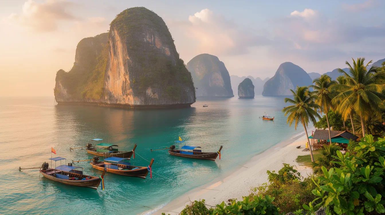A imagem retrata uma bela paisagem da Tailândia, com praias de areia branca e águas cristalinas cercadas por montanhas verdes. No horizonte, é possível ver um pôr do sol vibrante, criando um cenário paradisíaco que atrai turistas do mundo todo.