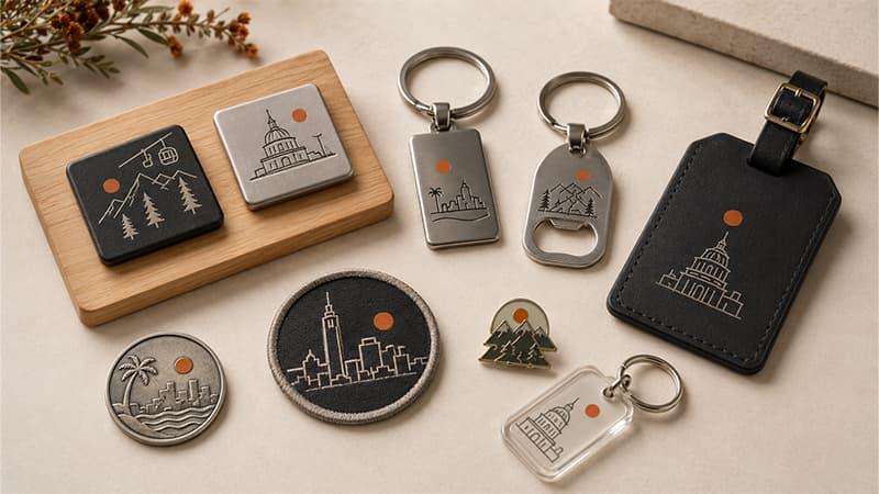 Small personalized travel souvenirs, including metal magnets, keychains, an embroidered patch, enamel pin, and luggage tag