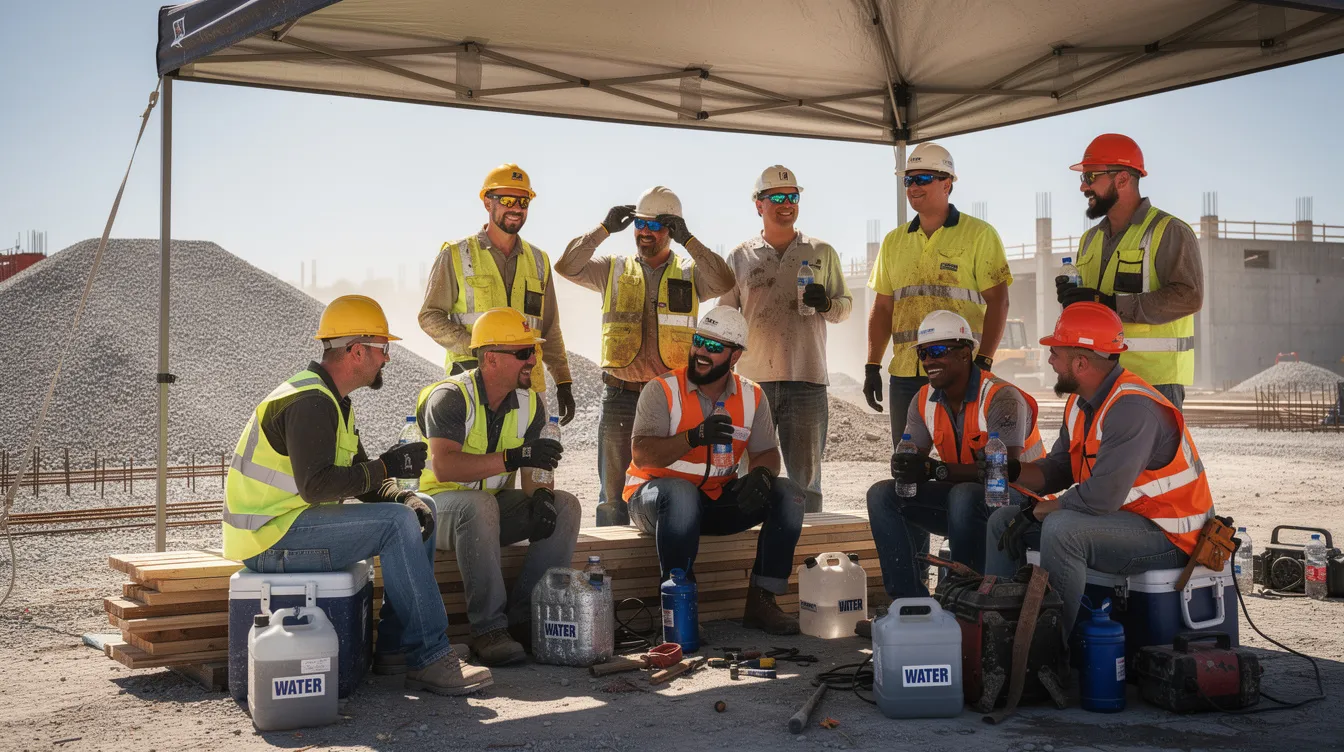 A construction crew is gathered under a portable shade canopy on a hot day, taking a hydration break together to ensure safety and prevent heat illness during their construction work. The scene highlights the importance of hydration and safety measures in the construction industry, especially during intense summer heat.