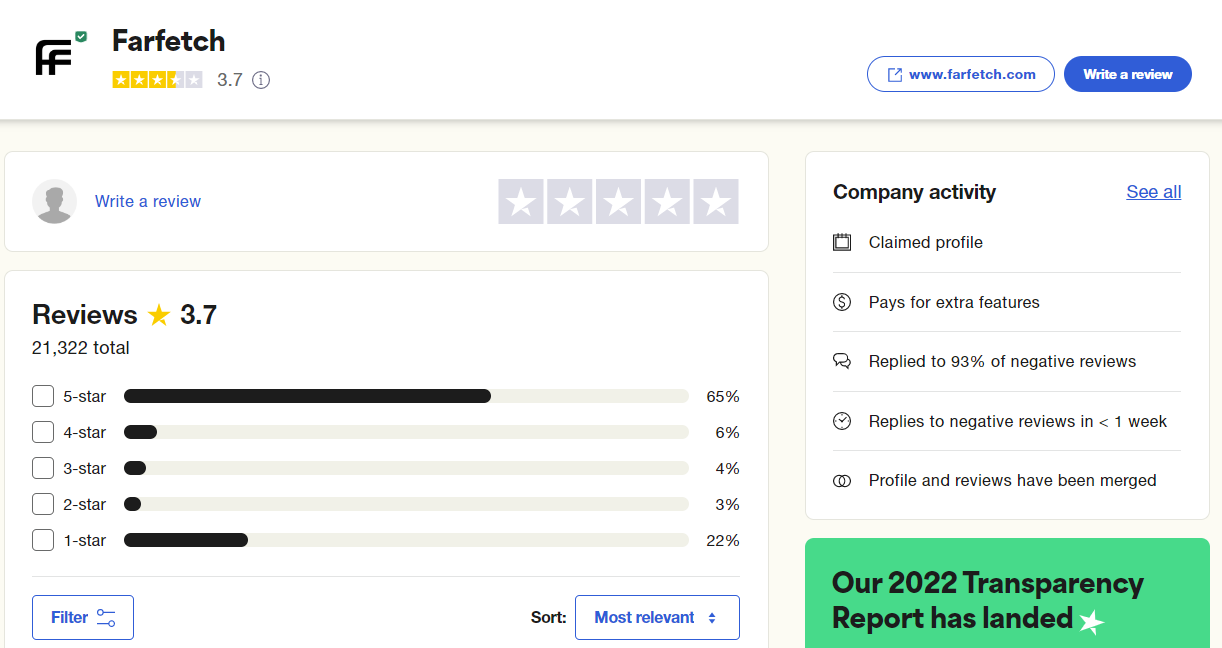 Is Farfetch Legit? - trustpilot screenshot