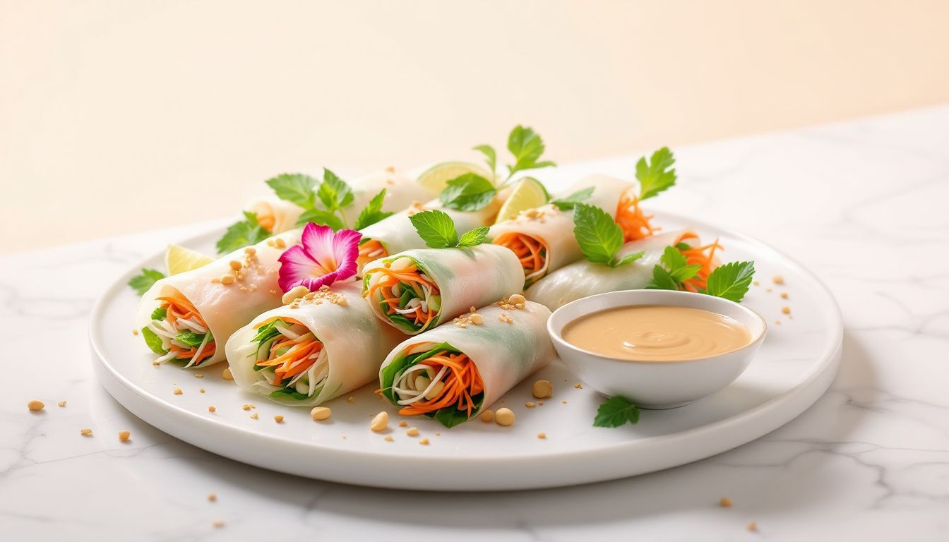 Gluten Free Vegan Appetizer: Fresh and light appetizers displayed elegantly, including summer rolls with peanut sauce.