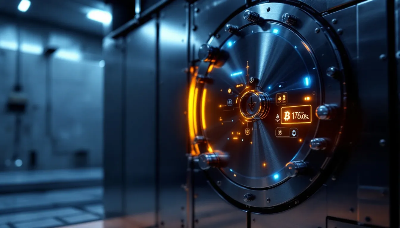 The image features a robust vault door equipped with advanced digital locks, adorned with various cryptocurrency symbols, symbolizing high security and verification processes. This visual emphasizes the importance of protection and connection in the digital financial landscape.