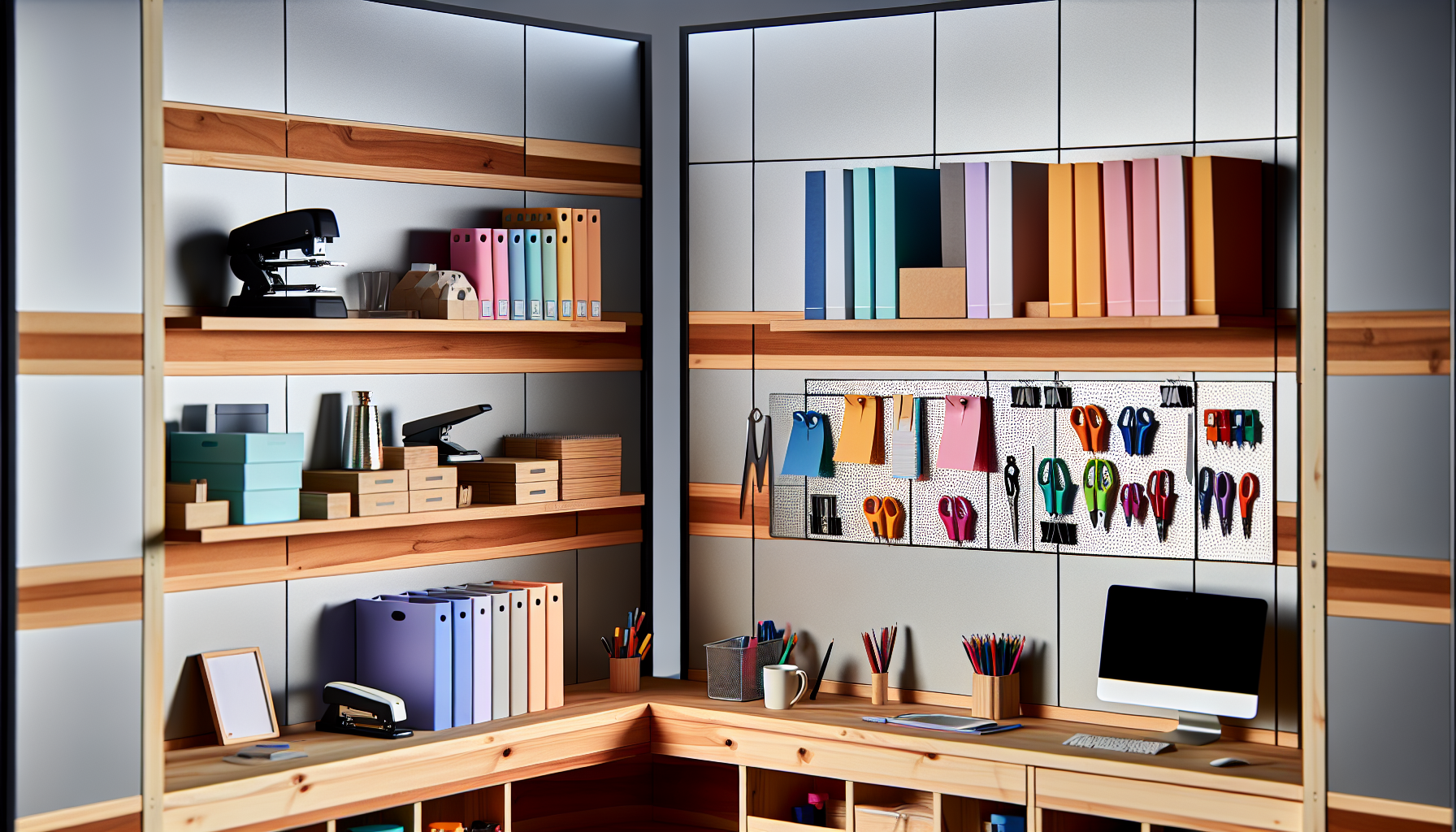 Neatly organized office supplies on shelves and pegboards