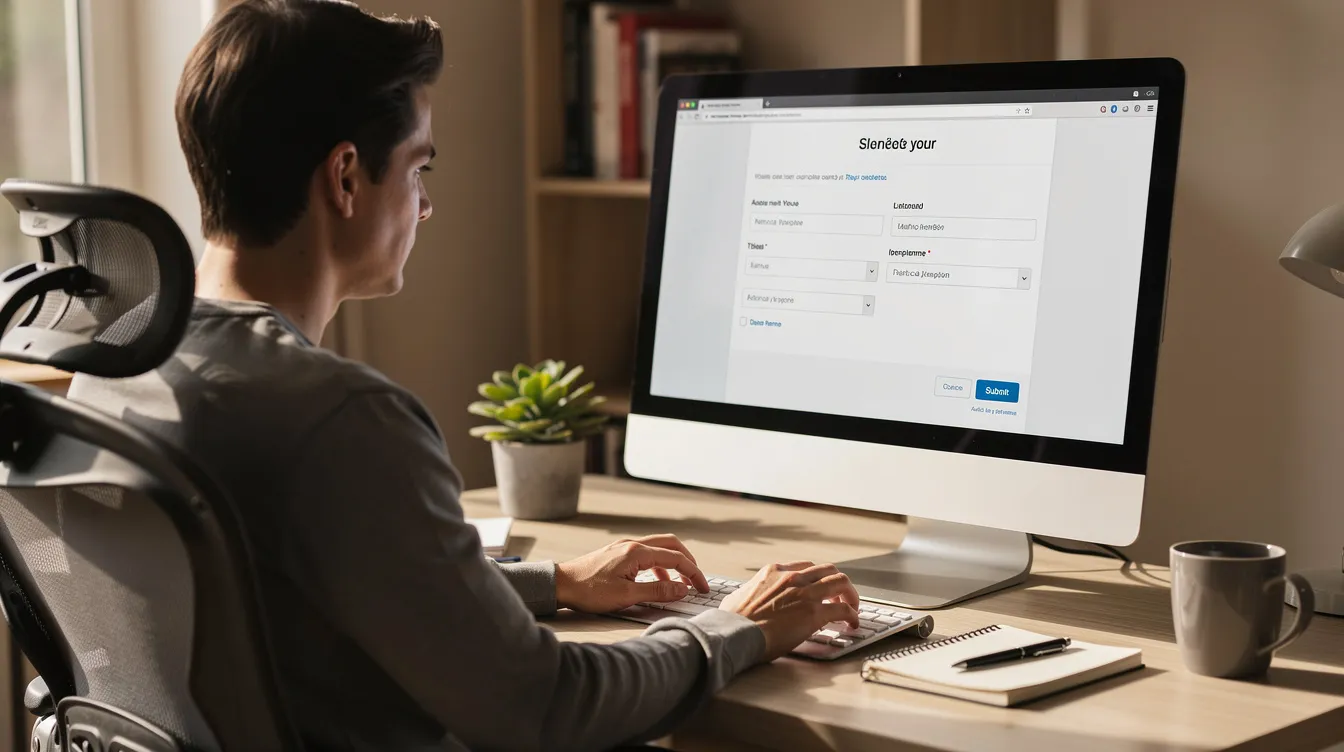 An individual is seated at a desk in a home office, focused on filling out an online consumer request form on their computer screen, which likely involves providing sensitive personal information such as contact details and preferences for opting out of marketing data. The atmosphere is casual, with a few personal items visible in the background, suggesting a comfortable working environment.
