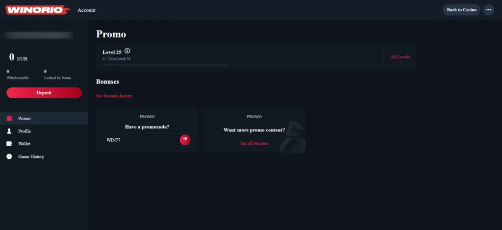 Winorio Casino promotions dashboard