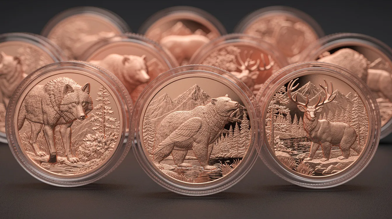 The image features detailed copper rounds showcasing intricate wildlife artwork, all displayed in clear protective capsules. These tangible assets are ideal for collectors and investors looking to buy precious metals, adding value to their portfolios while ensuring physical ownership.