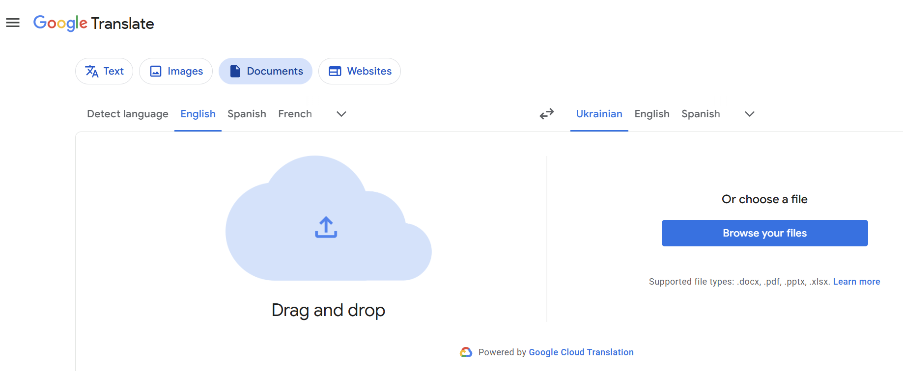 Google Translate interface for document translation with drag-and-drop upload and support for PDF, DOCX, PPTX, and XLSX files.