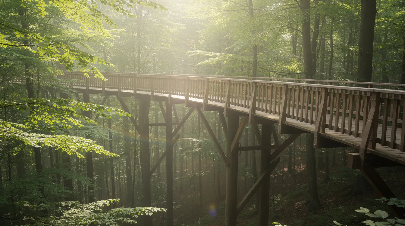Ein erhöhter Holzsteg windet sich durch die dichten Baumkronen eines Buchenwaldes und bietet einen atemberaubenden Blick auf die umliegende Natur. Diese beeindruckende Aussicht erinnert an die Sehenswürdigkeiten der Insel Rügen und lädt Besucher zu einer erholsamen Wanderung in einem Naturschutzgebiet ein.