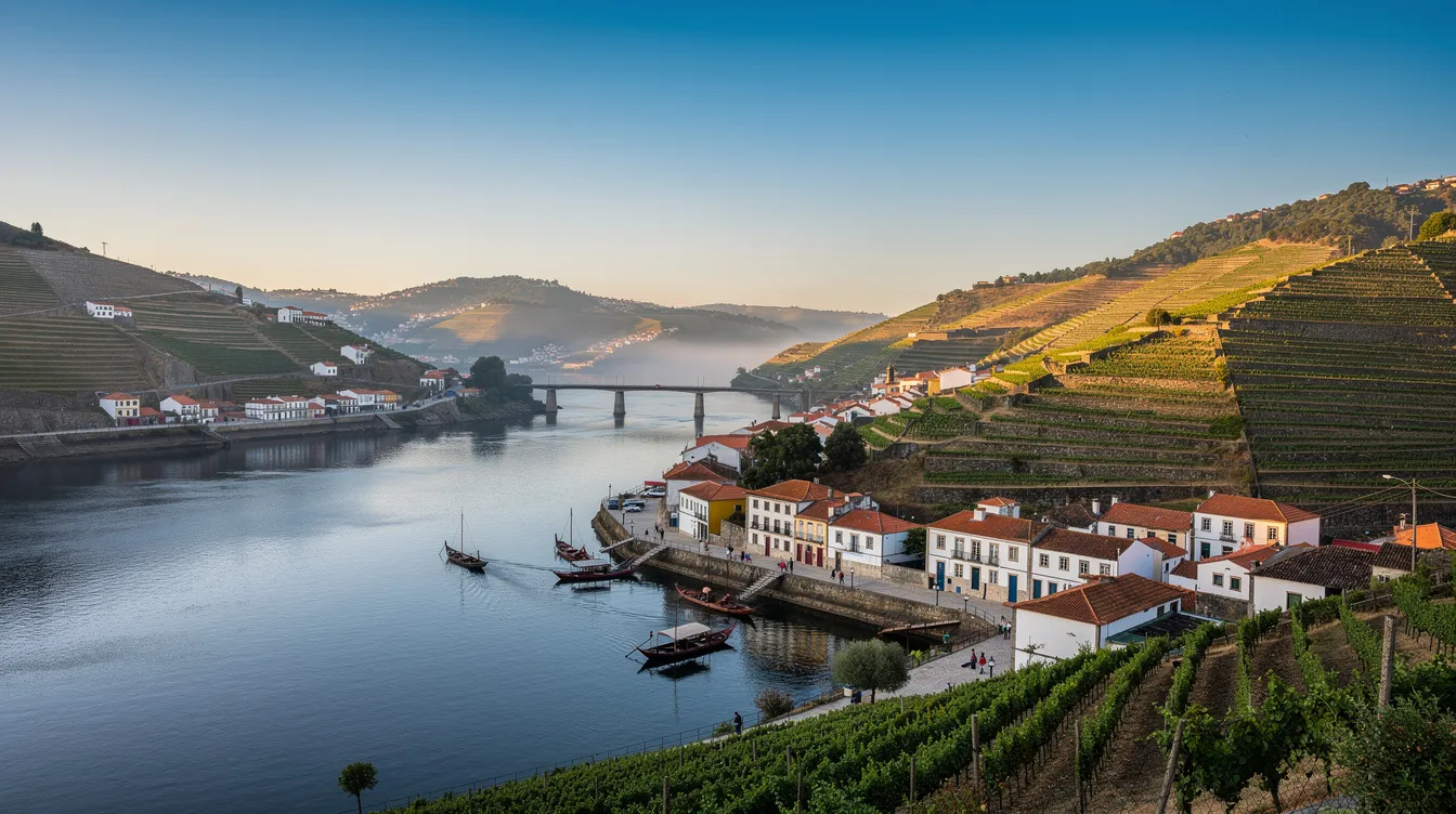 A imagem mostra uma vista panorâmica de Peso da Régua, uma cidade situada nas margens do rio Douro, em Portugal. Ao fundo, destacam-se as vinhas que produzem o famoso vinho do Porto, enquanto a ponte ferroviária e a igreja matriz compõem o cenário típico da região.