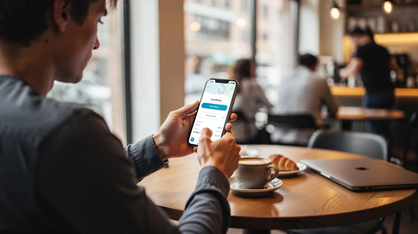 A person is sitting at a cafe, focused on their smartphone as they use an app to transfer money. The scene captures the convenience of digital transactions, highlighting modern financial practices.