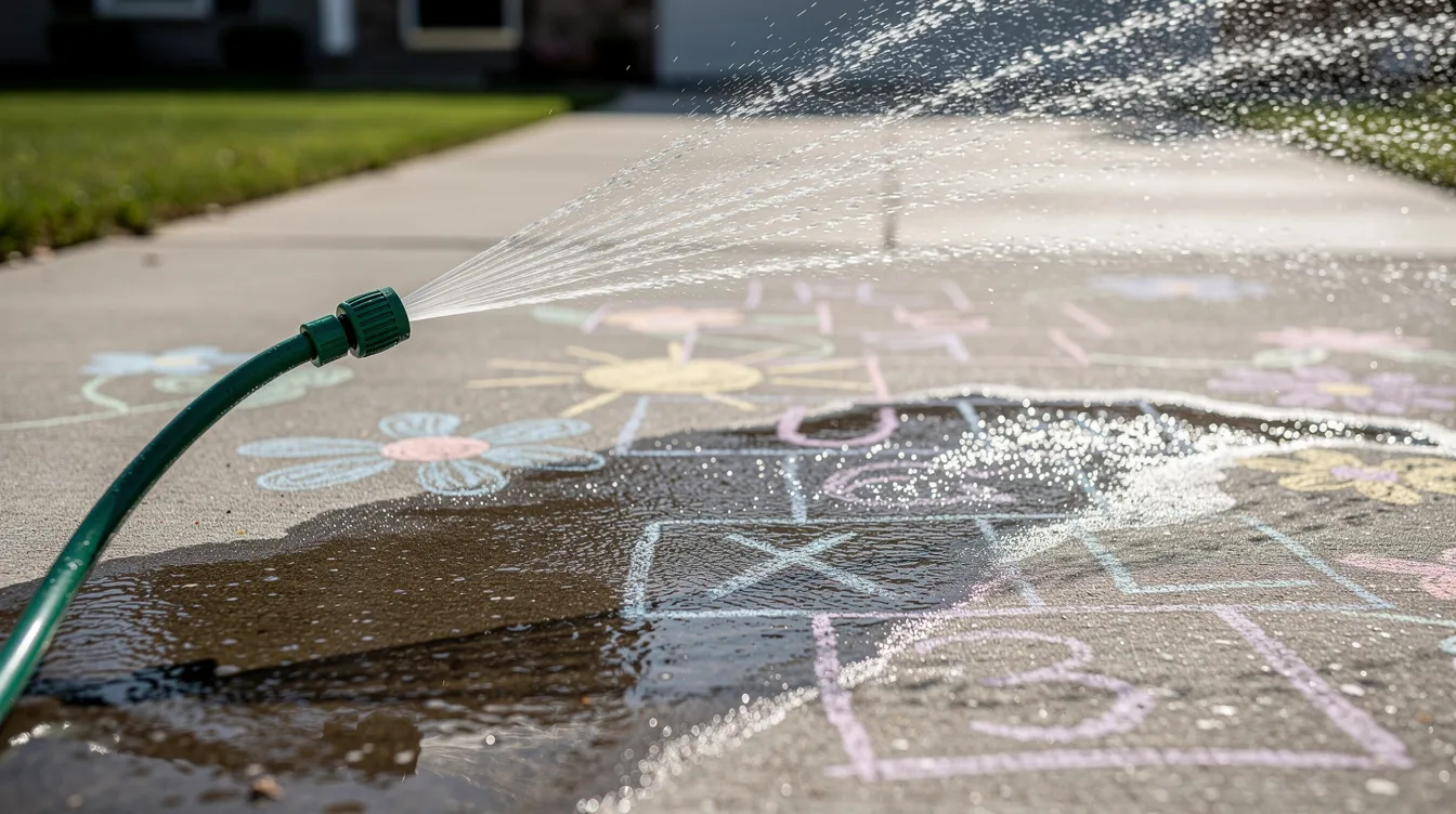 A garden hose sprays water across a concrete driveway, washing away vibrant sidewalk chalk drawings under the warm sunlight, creating a playful scene reminiscent of a chalk party. The colorful chalk designs blend with the flowing water, highlighting the joy of outdoor creativity for kids and friends.