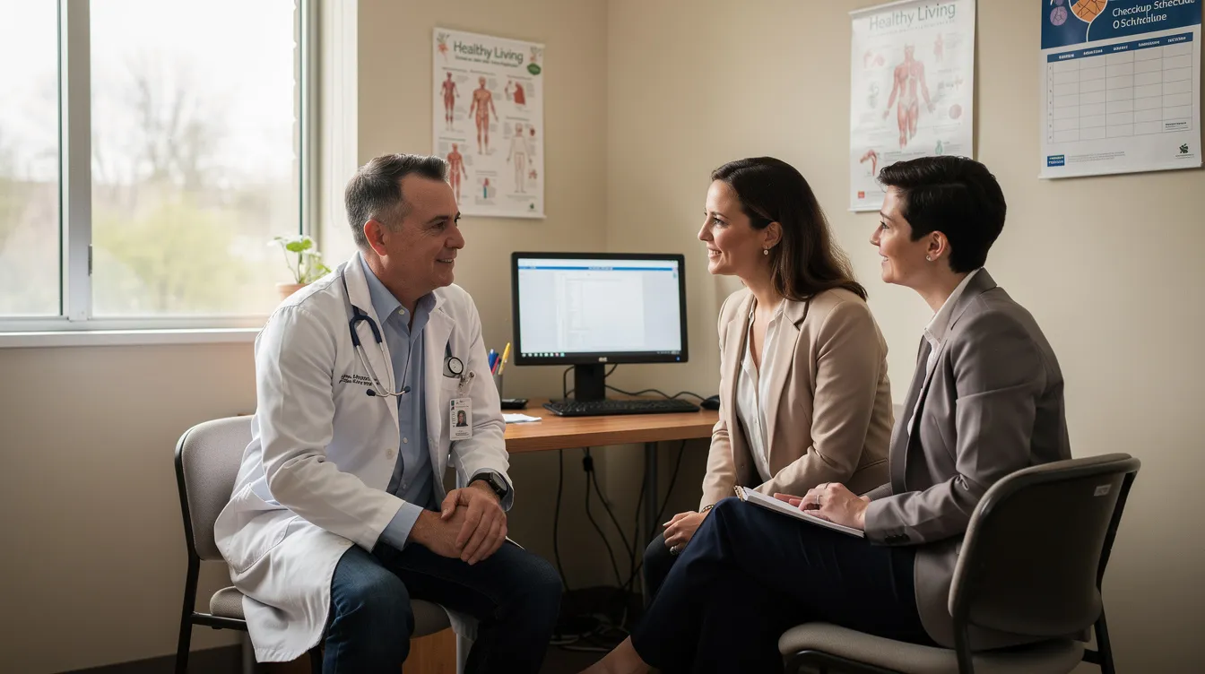 A primary care clinician and a therapist are engaged in conversation with a patient in a bright clinic room, emphasizing the importance of mental health care as part of overall health services. This collaborative approach aims to address mental health conditions and promote positive mental health outcomes for the patient.