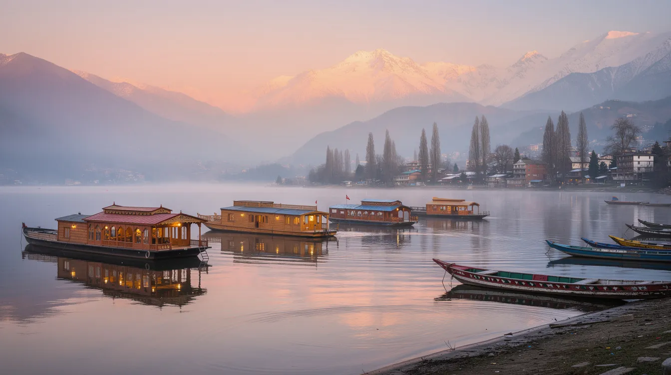 17f291ba b1ce 47d9 82da 5fa3e7fc18e9 The image depicts a breathtaking sunrise over Dal Lake, showcasing traditional wooden houseboats gently floating on the calm water, with majestic mountains reflecting in the serene surface. This picturesque scene highlights Kashmir's natural beauty, which presents numerous business opportunities in the tourism industry and local craftsmanship.