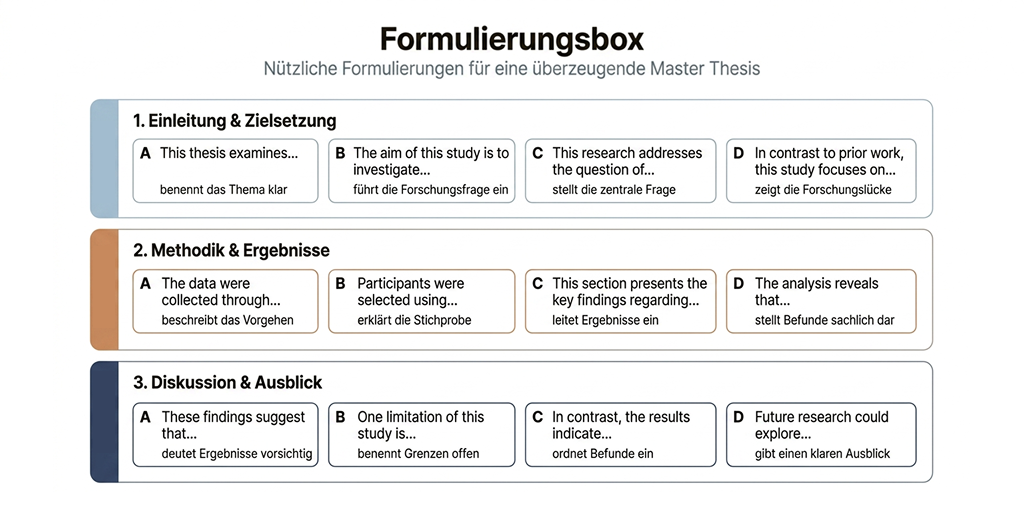 Nützliche englische Formulierungen für Master Thesis: Einleitung (This thesis examines...), Methodik (The data were collected through...), Diskussion (These findings suggest...)