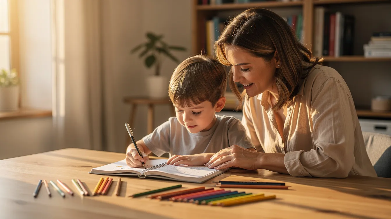 A warm, well-lit scene shows a parent gently assisting their child with schoolwork at a table, emphasizing the importance of support in the child's cognitive development and concrete thinking process. The interaction highlights the use of clear communication and problem-solving skills as they navigate educational concepts together.