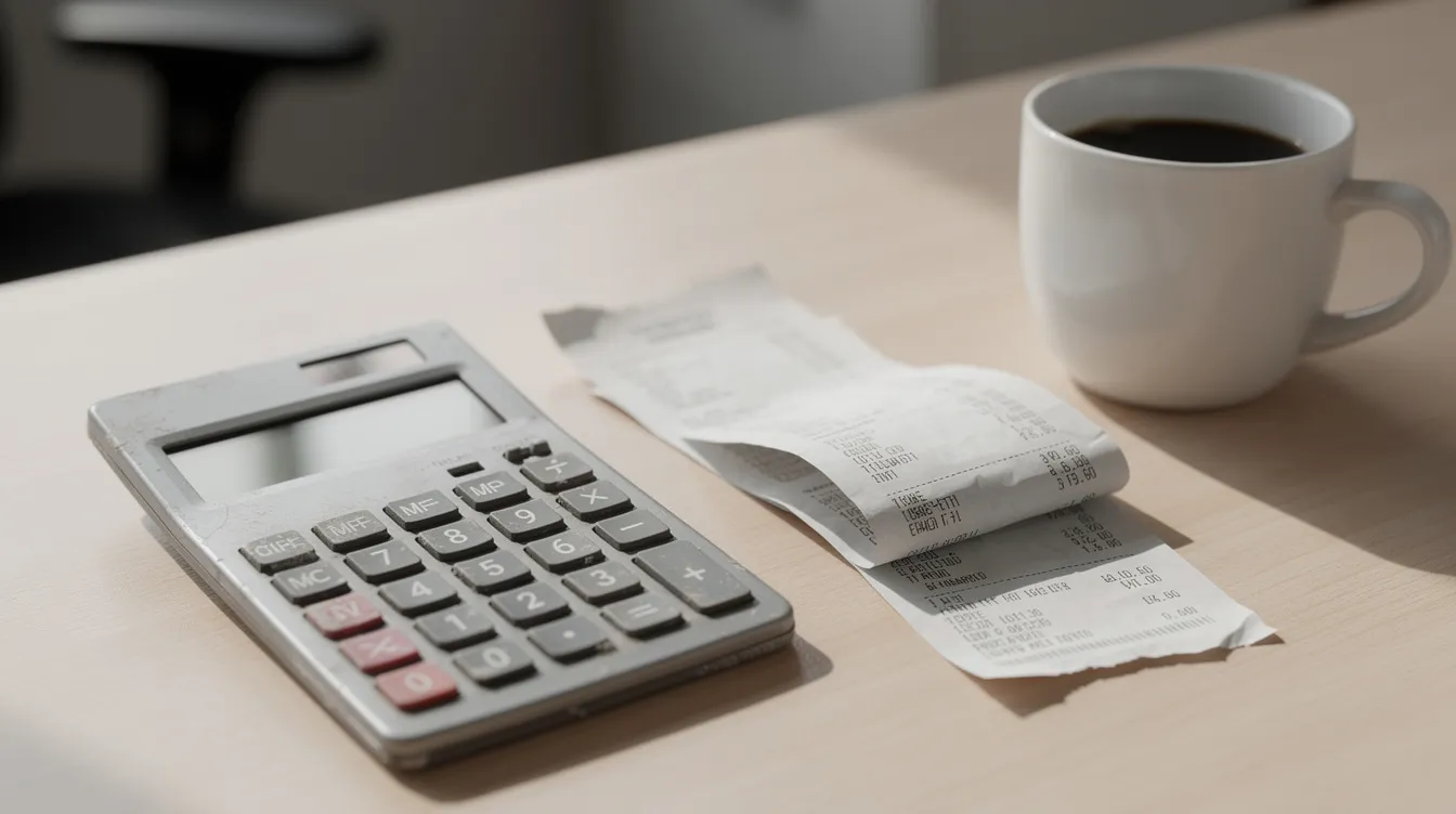 Ein Taschenrechner liegt auf einem Schreibtisch, umgeben von Kassenbelegen und einer Kaffeetasse. Der Rechner könnte verwendet werden, um den Nettobetrag, den Mehrwertsteuerbetrag oder die Umsatzsteuer für verschiedene Artikel und Dienstleistungen zu berechnen.