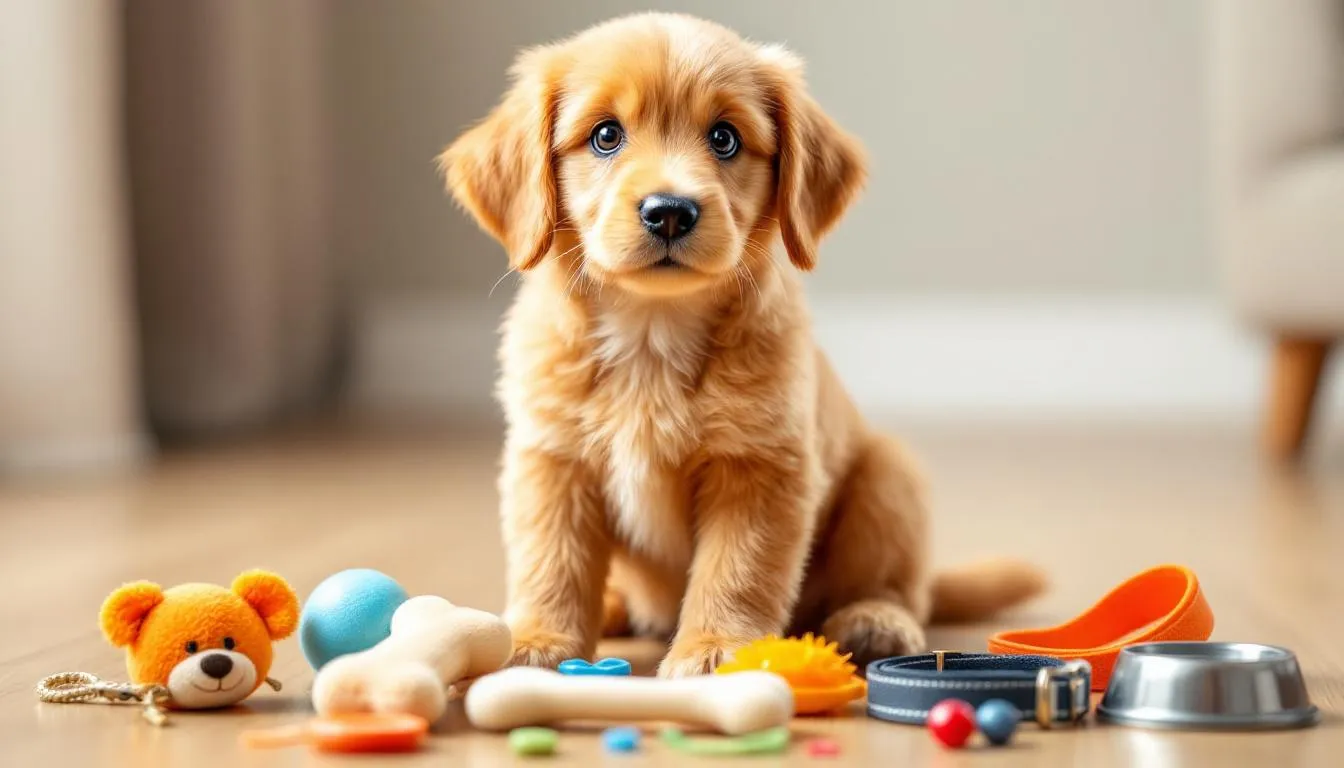 A playful toy goldendoodle puppy sits among a variety of appropriately sized toys and supplies, showcasing its gentle disposition and affectionate nature. This mini goldendoodle, known for its curly coat and friendly demeanor, is a great choice for families and pet owners looking for a hypoallergenic companion.