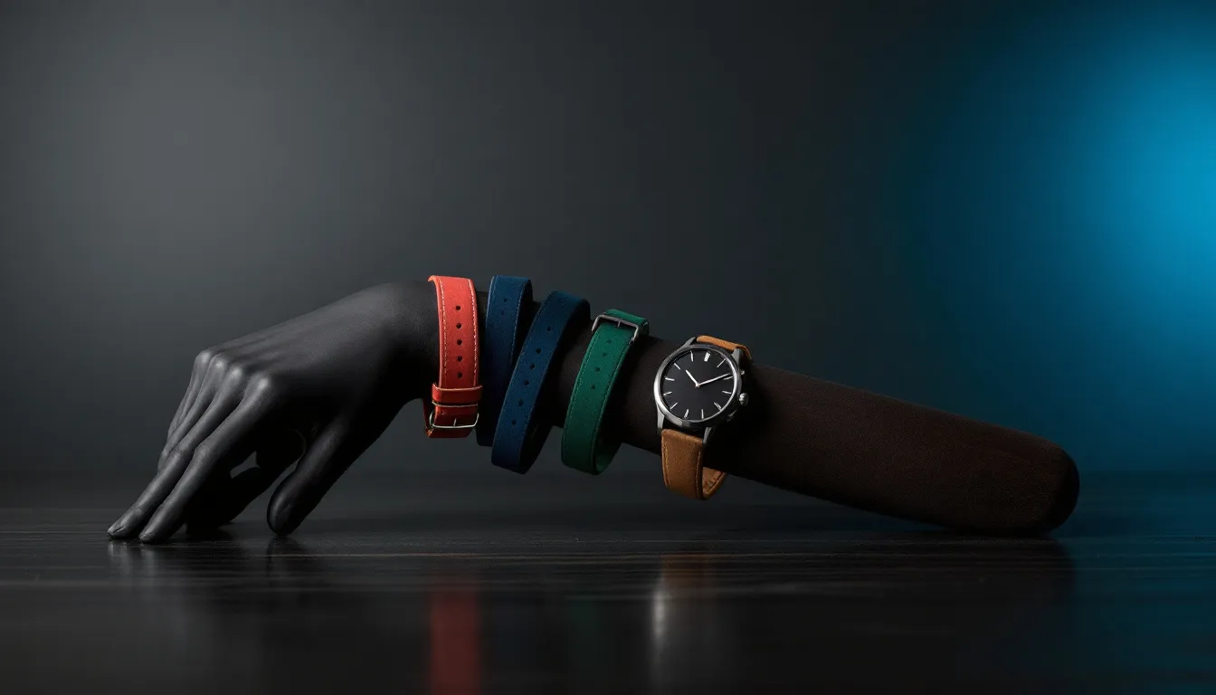 A collection of watches paired with various suede straps.