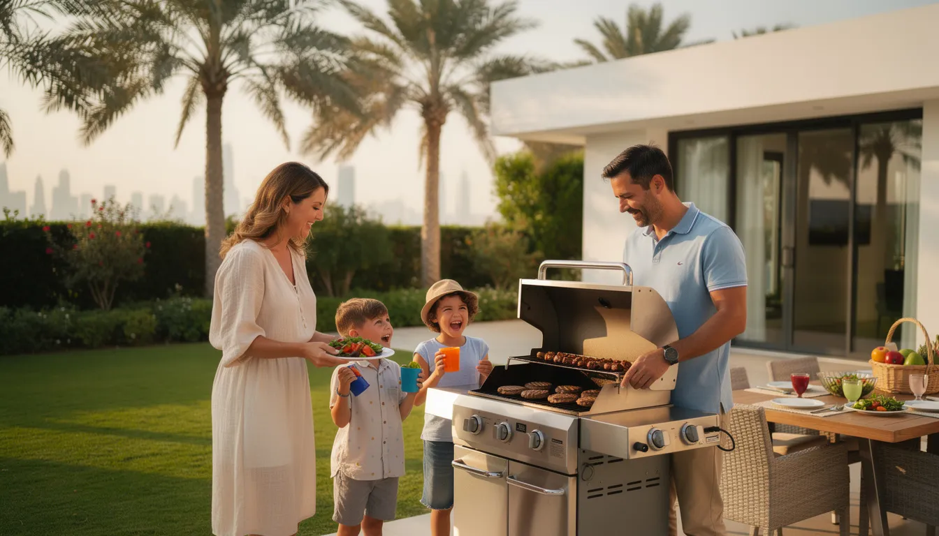 A family is joyfully gathered around a sparkling clean BBQ grill in the lush garden of a Dubai villa, showcasing the results of professional BBQ cleaning services. The scene reflects a perfect setting for a barbecue, emphasizing the importance of a clean grill for health and safety during cooking.