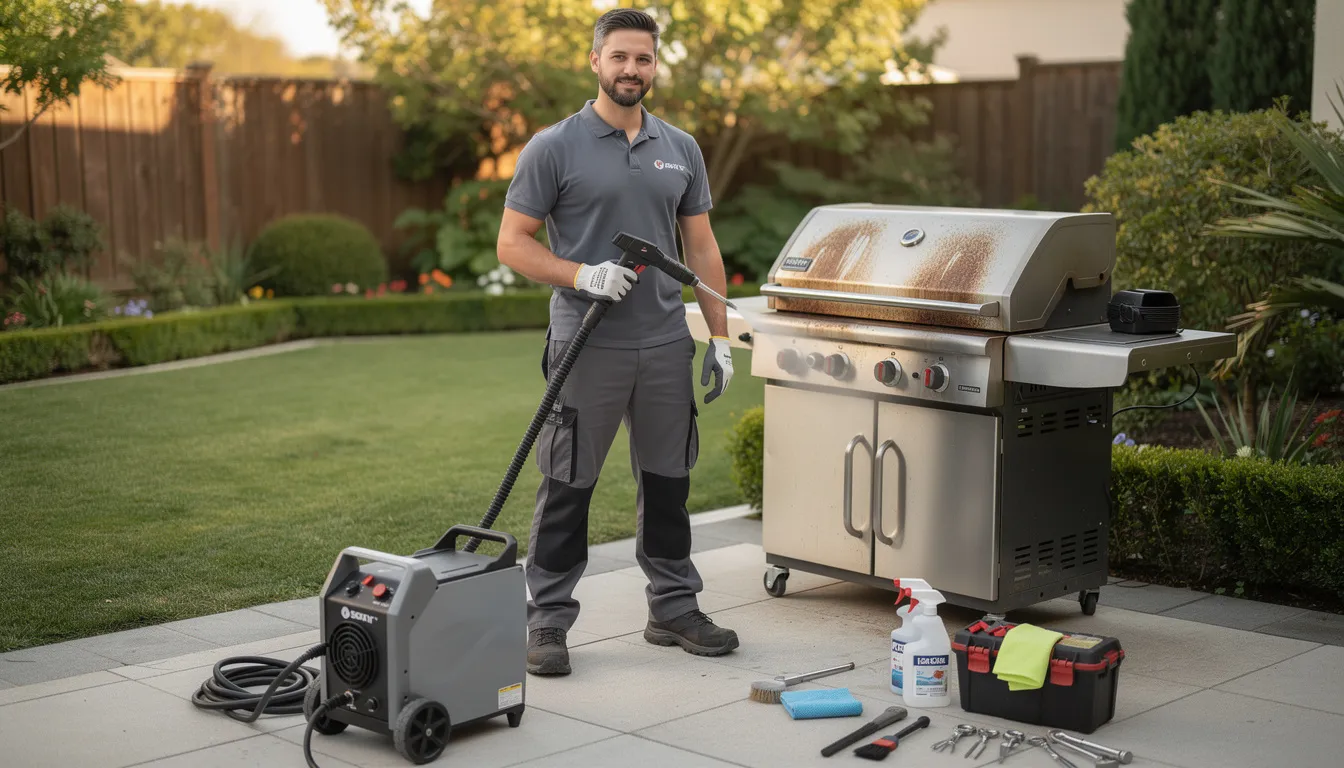 A technician stands ready for a BBQ cleaning service job, equipped with professional cleaning tools, including a steam cleaning machine. The expert team is prepared to thoroughly clean the barbeque grill, ensuring customer satisfaction by removing built-up grease and grime for a safe and clean cooking experience.