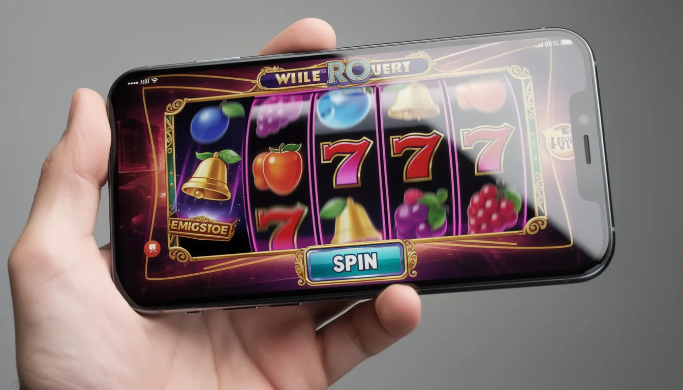 En smartphone visar ett färgglatt casinogränssnitt med snurrande hjul, vilket ger en känsla av spänning och underhållning. Användare kan ta del av olika casino bonusar och erbjudanden som 100 free spins och bonus utan insättning.