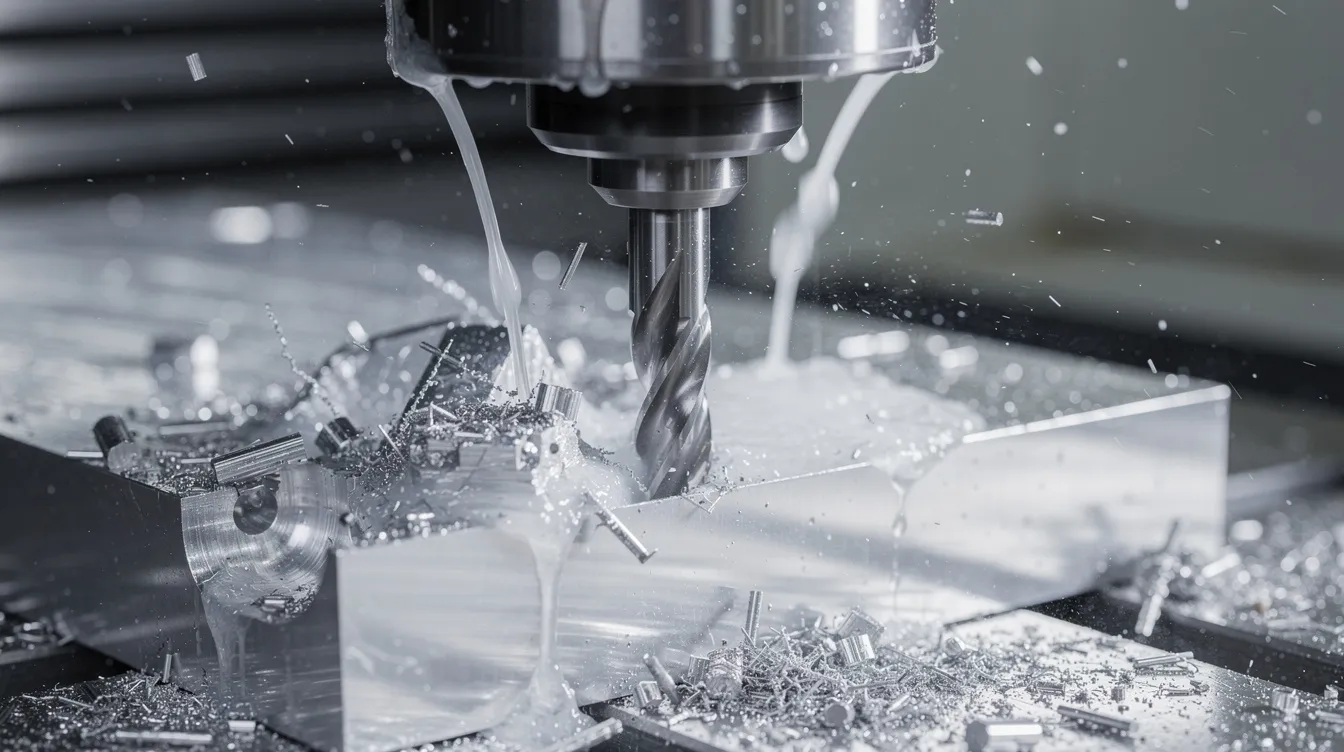 A close-up view of a CNC milling machine spindle actively cutting into an aluminum workpiece, with coolant visibly flowing to enhance the machining process. This image highlights the precision of CNC machining services used for producing custom parts with tight tolerances and excellent wear resistance.