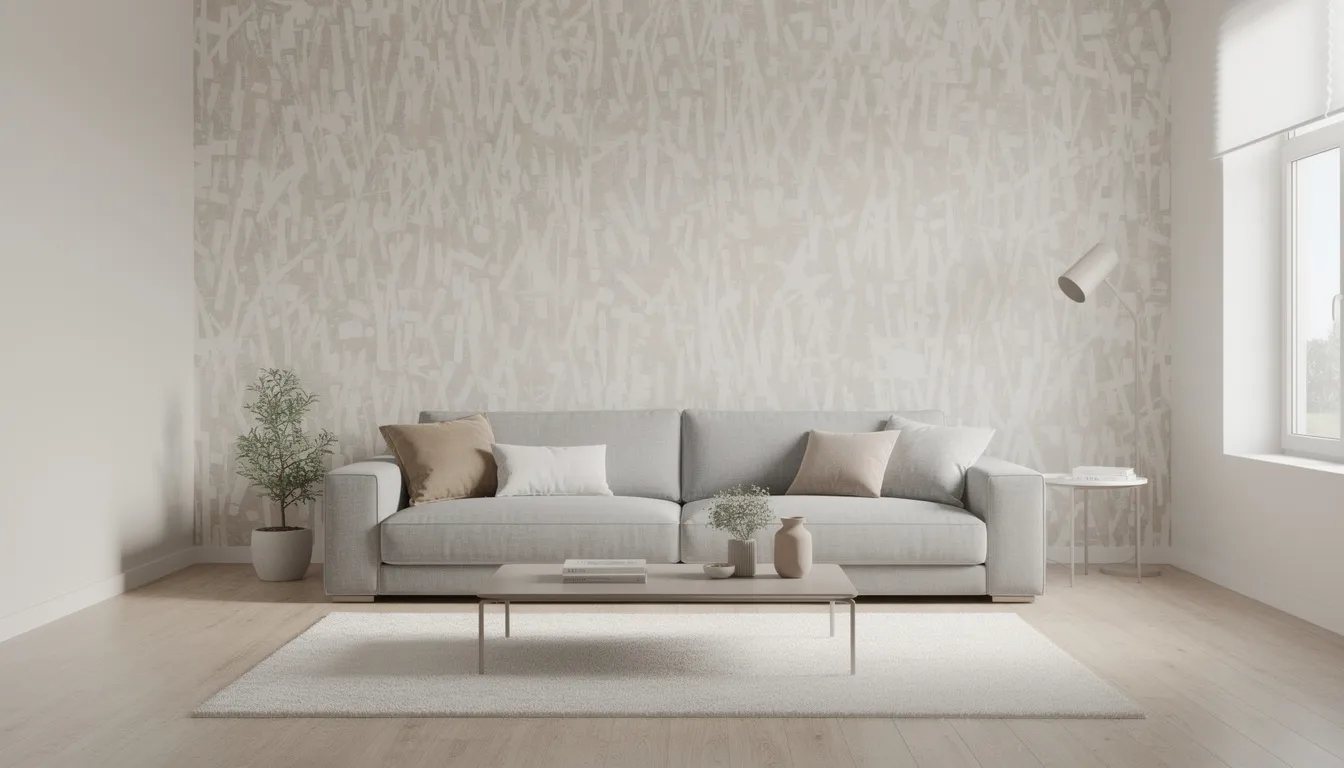 Woonkamer behang: inspiratie, tips en keuzehulp Een moderne woonkamer met een stijlvolle grijze bank, waarop een accentwand van behang met uitbundige prints is geplaatst. Deze ruimte biedt een perfecte sfeer voor een make-over, met een ruime collectie behang die inspiratie biedt voor elk interieur.